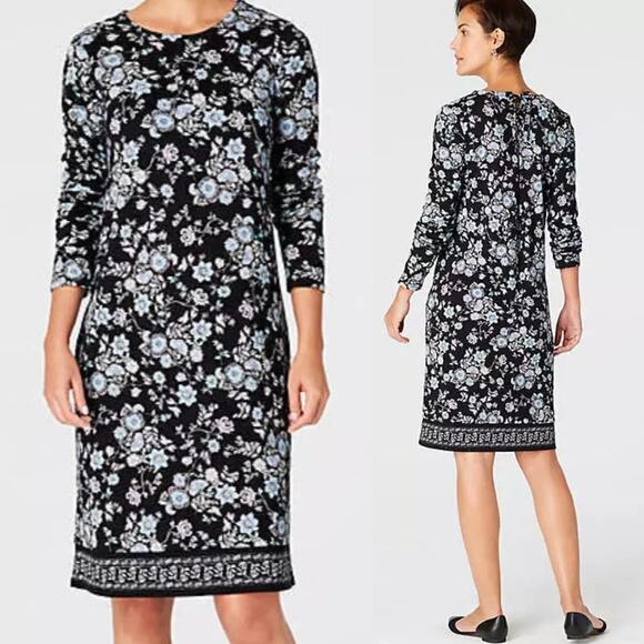 J. Jill Pretty Laced-Back Knit Dress Womens Large Lapis Batik Vines Shift Casual - Picture 1 of 8